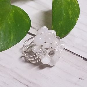 Freshwater Pearl, Glass Cat's Eye and Jade Cluster Silver Adjustable Ring